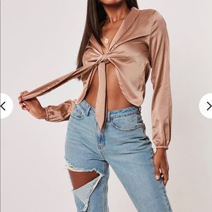 Bronze satin tie front shirt